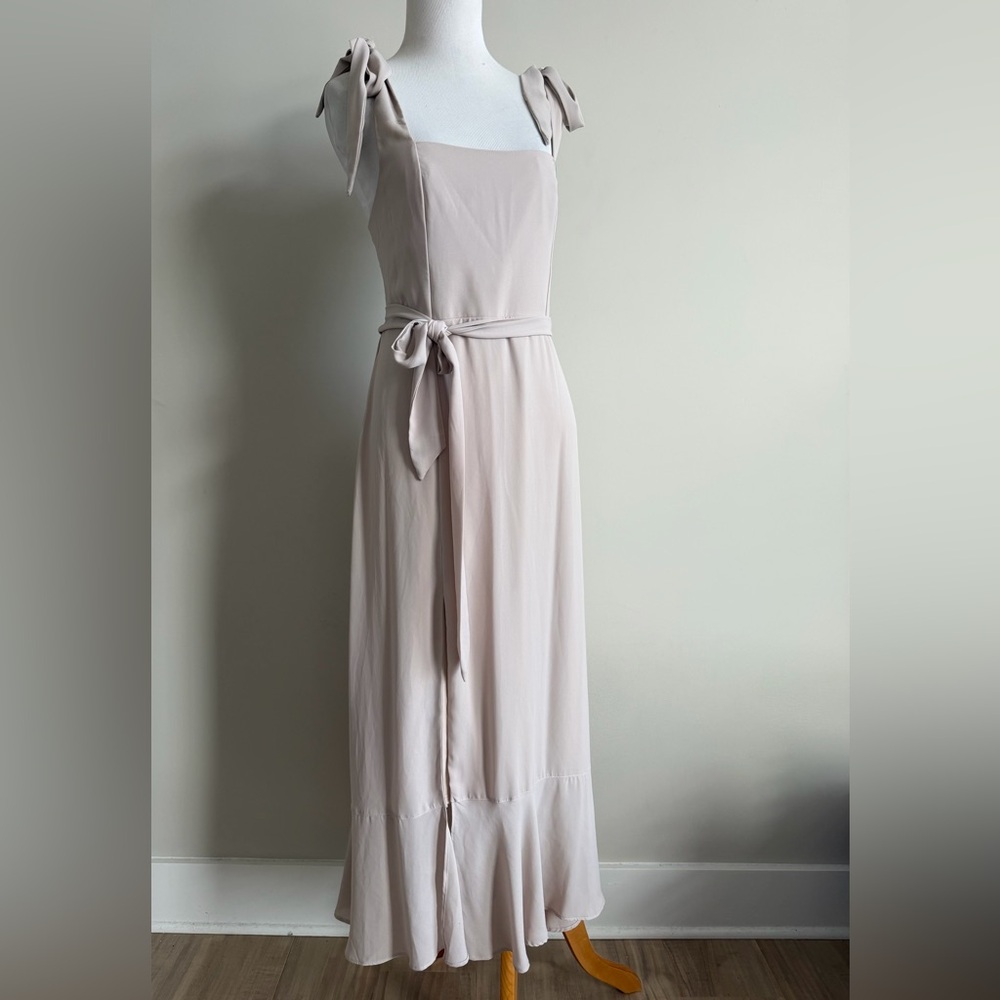 Show me your mumu taupe maxi tie shoulder wedding dinner dress in a Medium